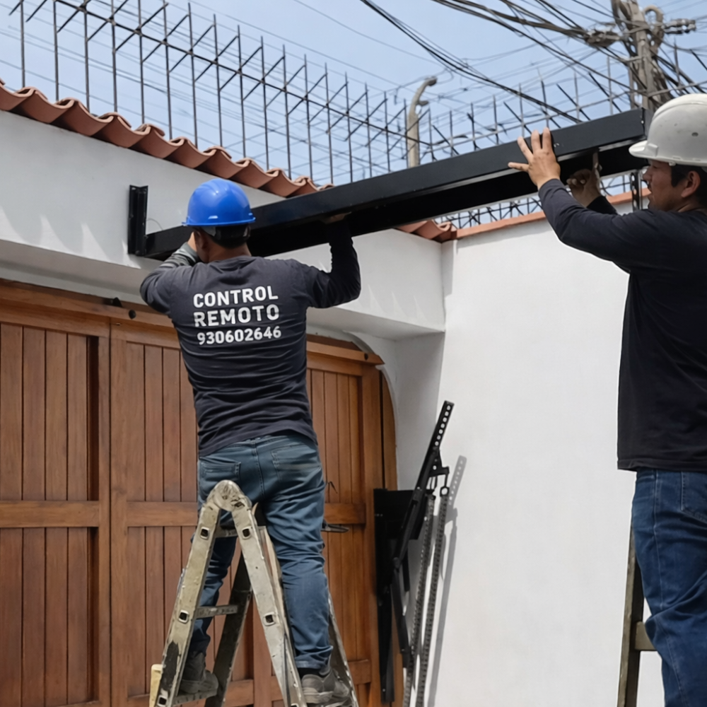 Técnicos instalando estructura metálica para sistema de automatización de portón de garaje
